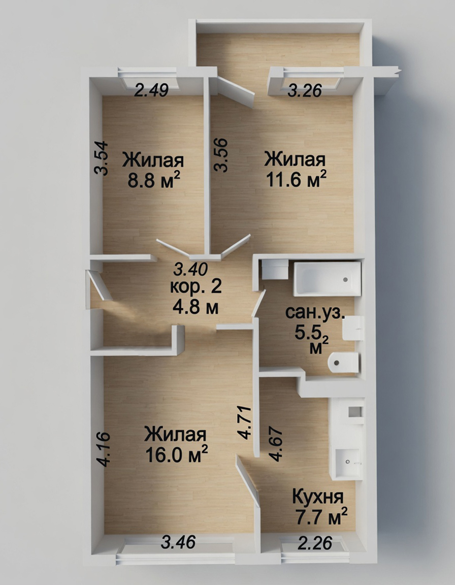 Планировка 3-комнатной квартиры 54.4 м² на ул. Жудро 9: три жилые комнаты 16.0 + 11.6 + 8.8 м², кухня 7.7 м², совмещённый санузел 5.5 м², коридор